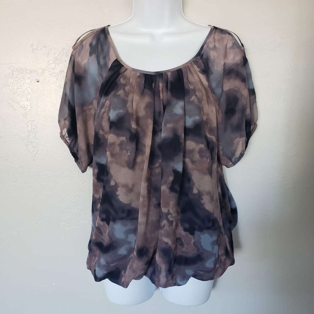 BCBGeneration Women's Small Watercolor Tie Dye Blouse Short Sleeve Pink Black
